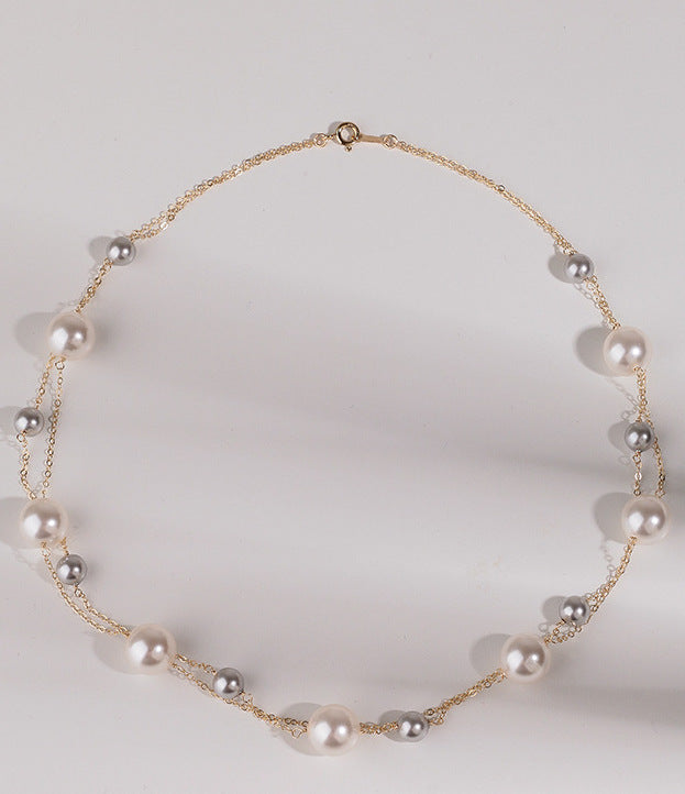 Fine Chain Elegant Style Multiple Pearl And Sliver Bead Necklace