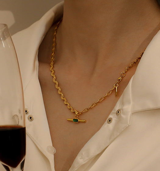 Gold-Plated Zirconia Green With Wave Shape Necklace In Bras