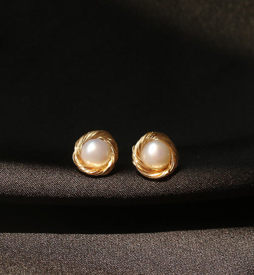 Round Pearl Earrings With Gold-Plated Wave Pattern Over Brass