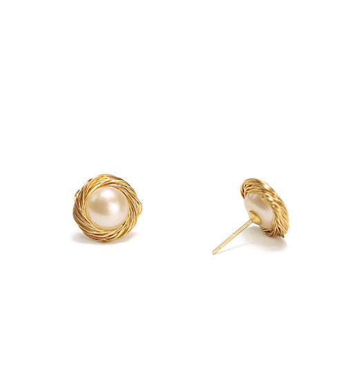 Round Pearl Earrings With Gold-Plated Wave Pattern Over Brass