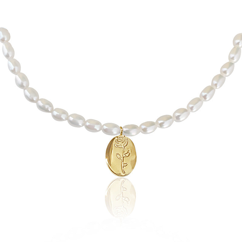 Rose Pattern Drop Shape Pearl Necklace